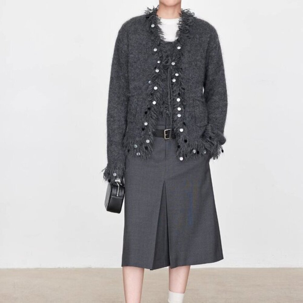 CHICJOC Mohair Wool Yarn cardigan with Hand-made Beaded Sequins